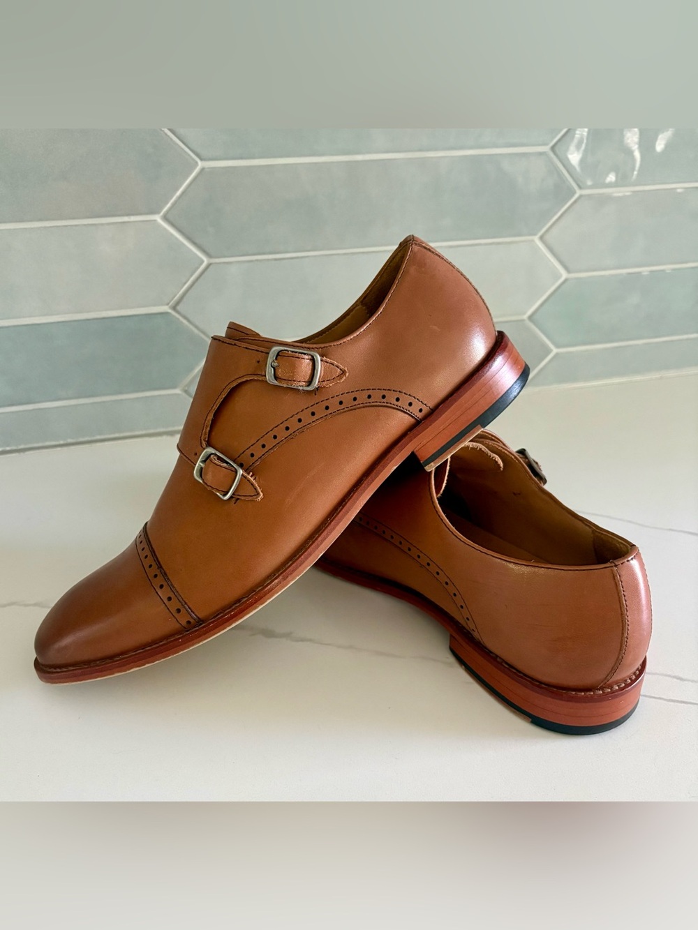 Warfield Grand Reed Double Monk Strap Dress Shoes Tan Leather Cap Toe Sze 8.5